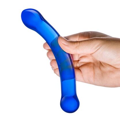 Glas 6 Curved G-Spot Blue Glass Dildo Held In Hand