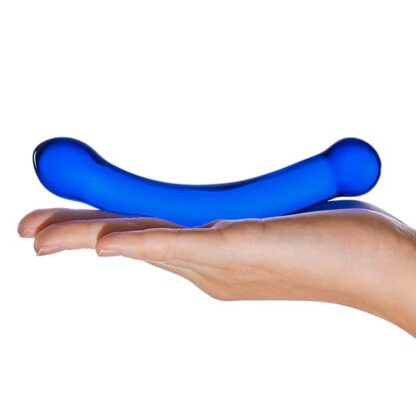 Glas 6 Curved G-Spot Blue Glass Dildo Held In Palm Of Hand