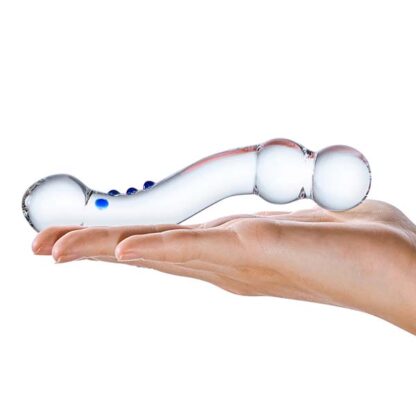 Glas 6 Curved G-Spot Glass Dildo Held In Palm Of Hand