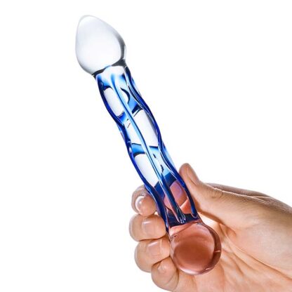 Glas 6.5 Full Tip Textured Glass Dildo Held In Hand