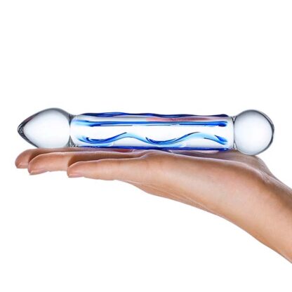 Glas 6.5 Full Tip Textured Glass Dildo Held In Palm Of Hand