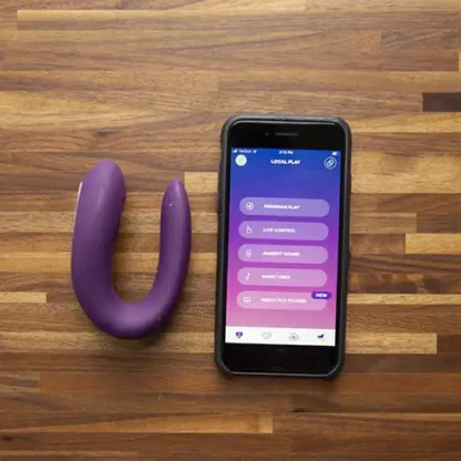 Satisfyer Double Joy Connect App Couple's Vibrator Next to Smartphone