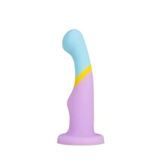 The Avant Heart of Gold D14 dildo by Blush features a soft and flexible silicone shaft with a large head and hump near the base of the suction cup base. It also has a cute pastel pink, yellow, and blue design.