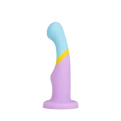 The Avant Heart of Gold D14 dildo by Blush features a soft and flexible silicone shaft with a large head and hump near the base of the suction cup base. It also has a cute pastel pink, yellow, and blue design.