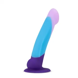 The Avant Purple Haze D16 dildo by Blush features a smooth, silicone, slim shaft that's 1.25 inches wide with a pronounced head, and its insertable length is 5 inches.