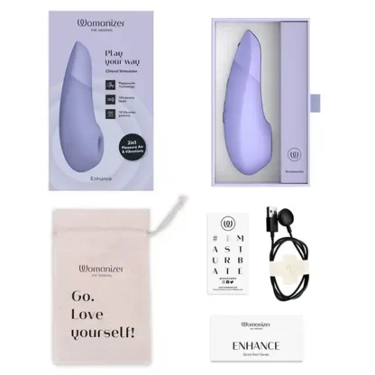 Womanizer Enhance 2-in-1 Pleasure Air and Vibration Clitoral Stimulator Package Contents
